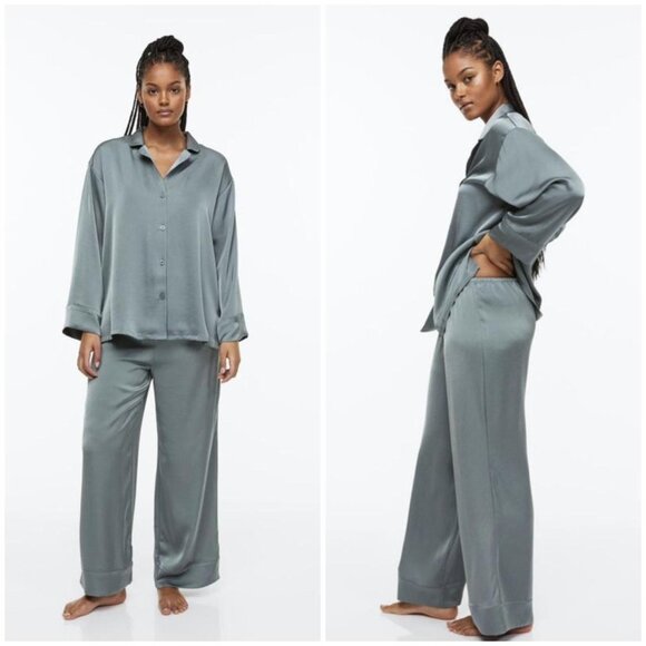 H&M Other - H&M Green Satin Pajama Set Long Sleeve Button Shirt Shorts XS Sleepwear